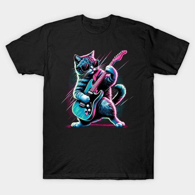 Electric Guitar Cat Rock Music Retro Funny Cat T-Shirt by KsuAnn